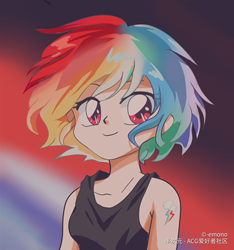 Size: 1500x1600 | Tagged: safe, artist:emono, imported from derpibooru, rainbow dash, human, 80s, anime, anime style, bare shoulders, clothes, cute, cutie mark tattoo, dashabetes, humanized, looking at you, multicolored hair, rainbow hair, short hair, sleeveless, smiling, solo, tanktop, tattoo