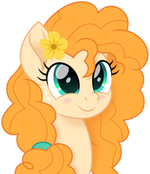 Size: 1280x1479 | Tagged: safe, artist:cloudy glow, imported from derpibooru, pear butter, earth pony, pony, cute, female, flower, flower in hair, looking up, mare, movie accurate, pearabetes, simple background, smiling, solo, transparent background, vector