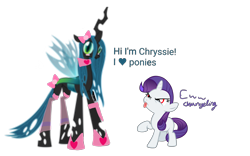 Size: 4000x2500 | Tagged: safe, artist:aonatsu_ki, imported from derpibooru, queen chrysalis, rarity, changeling, changeling queen, pony, unicorn, comic:insane filly rarity, :p, angry eyes, blushing, bow, changeling horn, clothes, cringealis, cute, cutealis, duo, duo female, female, filly, filly rarity, foal, hair bow, heart, high res, horn, insect wings, knife, lidded eyes, pure unfiltered evil, raised hoof, raribitch, red eyes, ribbon, shoes, simple background, spread wings, standing, text, tongue out, transparent background, wings, wrong eye color, younger