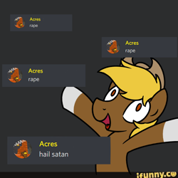 Size: 2000x2000 | Tagged: safe, artist:superderpybot, imported from ponybooru, oc, oc only, oc:acres, earth pony, pony, >rape, discord (program), hat, ifunny, meme, solo