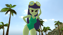 Size: 1920x1080 | Tagged: safe, artist:mr.uberrebu25, imported from derpibooru, blueberry cake, equestria girls, 3d, beach, beach babe, breasts, busty blueberry cake, clothes, green swimsuit, hand on head, hand on hip, one-piece swimsuit, palm tree, solo, swimsuit, tree