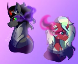 Size: 665x547 | Tagged: safe, artist:brybrychan, imported from derpibooru, king sombra, oc, pony, unicorn, bust, duo, gradient background, horn, male, sombra eyes, stallion, unicorn oc