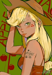 Size: 1522x2179 | Tagged: safe, artist:ahchun, imported from derpibooru, applejack, human, alternative cutie mark placement, applejack's hat, blushing, clothes, cowboy hat, cutie mark on human, facial cutie mark, female, hat, humanized, looking at you, solo, tanktop, tattoo