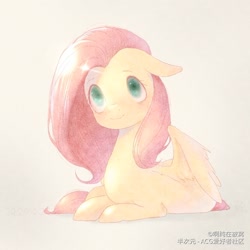 Size: 750x750 | Tagged: safe, artist:ahchun, imported from derpibooru, fluttershy, pegasus, pony, :3, cute, female, floppy ears, looking up, lying down, mare, prone, shyabetes, solo, wings