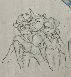 Size: 1962x2123 | Tagged: safe, artist:scribleydoodles, imported from derpibooru, starlight glimmer, sunburst, trixie, anthro, unicorn, bisexual, female, furry, lesbian, male, polyamory, shipping, startrixburst, straight, traditional art, trio