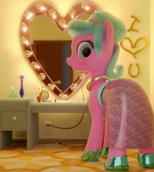 Size: 1932x2160 | Tagged: safe, artist:gabe2252, imported from derpibooru, earth pony, pony, 3d, blender, blender cycles, clothes, coral shine, dress, horseshoes, makeup, mirror, perfume