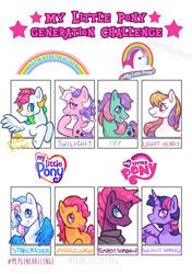 Size: 640x909 | Tagged: safe, artist:brobobot, imported from derpibooru, ivy, light heart, sparkleworks, star catcher, tempest shadow, twilight, twilight sparkle, alicorn, earth pony, pegasus, unicorn, challenge, female, g1, g2, g3, generation challenge, starshine (g1)