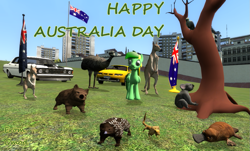 Size: 1131x681 | Tagged: safe, artist:didgereethebrony, imported from derpibooru, oc, oc:didgeree, bird, cockatoo, echidna, emu, kangaroo, koala, pegasus, platypus, pony, wallaby, 3d, australia day 2022, australian flag, ford, ford falcon, ford falcon gh-ho phase iii, frilled neck lizard, gmod, gmod construct, holden, hsv, hsv gts, wombat