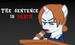 Size: 4250x2550 | Tagged: safe, artist:strategypony, imported from derpibooru, oc, oc only, oc:diamond gavel, unicorn, asdfmovie, clothes, cute, death, dialogue, female, filly, foal, gavel, glasses, gradient background, horn, implied death, implied execution, judge, out of character, podium, pure unfiltered evil, serious, simple background, suit, text, this will end in death, unicorn oc