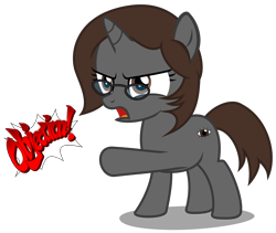 Size: 3690x3110 | Tagged: safe, artist:strategypony, imported from derpibooru, oc, oc only, oc:sonata, pony, unicorn, ace attorney, angry, elements of justice, female, filly, foal, glasses, horn, objection, open mouth, pointing, simple background, transparent background, turnabout storm, unicorn oc