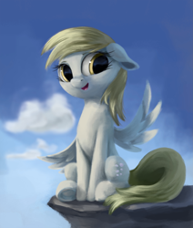 Size: 2555x3015 | Tagged: safe, artist:flusanix, imported from derpibooru, derpy hooves, pegasus, pony, female, floppy ears, high res, mare, open mouth, open smile, sitting, smiling, solo, underhoof