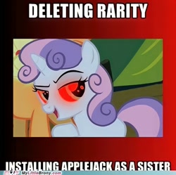 Size: 1000x996 | Tagged: safe, edit, edited screencap, imported from derpibooru, screencap, applejack, sweetie belle, pony, unicorn, season 2, sisterhooves social, caption, female, filly, foal, image macro, meme, my little brony, open mouth, red eyes, solo focus, text