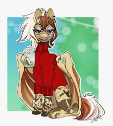 Size: 3668x4096 | Tagged: safe, artist:opalacorn, imported from derpibooru, oc, oc only, bat pony, pony, clothes, cup, ear piercing, food, glasses, marshmallow, piercing, solo, sweater, wing hold, wings