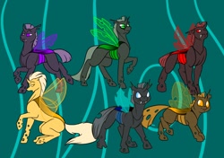 Size: 1280x900 | Tagged: safe, artist:foxenawolf, imported from derpibooru, oc, changeling, fanfic:conversations in a canterlot café, blue changeling, fanfic art, green changeling, orange changeling, purple changeling, red changeling, yellow changeling