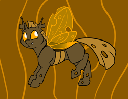 Size: 1000x773 | Tagged: safe, artist:foxenawolf, imported from derpibooru, oc, changeling, fanfic:conversations in a canterlot café, holes, horn, orange changeling, smiling, wings