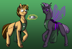 Size: 1000x678 | Tagged: safe, artist:foxenawolf, imported from derpibooru, oc, oc only, oc:frothy brew, oc:mixitkl, changeling, pony, unicorn, fanfic:conversations in a canterlot café, apron, clothes, duo, purple changeling