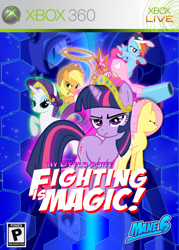 Size: 720x1008 | Tagged: safe, artist:rorycon, imported from derpibooru, applejack, fluttershy, nightmare moon, pinkie pie, rainbow dash, rarity, twilight sparkle, pony, unicorn, fighting is magic, big crown thingy, cover art, element of magic, female, jewelry, lasso, mane six, party cannon, regalia, rope, unicorn twilight, xbox 360