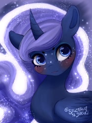 Size: 1024x1366 | Tagged: safe, artist:sjmarts, imported from derpibooru, princess luna, alicorn, pony, blushing, bust, constellation freckles, cute, female, freckles, lunabetes, mare, smiling, solo