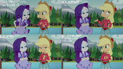 Size: 1280x720 | Tagged: safe, edit, edited screencap, editor:quoterific, imported from derpibooru, screencap, applejack, rarity, equestria girls, legend of everfree, applejack's hat, cowboy hat, duo, duo female, female, forest, hat, lake, open mouth, open smile, pier, smiling