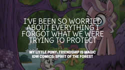 Size: 1280x720 | Tagged: safe, edit, editor:quoterific, idw, imported from derpibooru, apple bloom, diamond tiara, scootaloo, sweetie belle, earth pony, pegasus, pony, unicorn, spirit of the forest, spoiler:comic, apple bloom's bow, bow, cutie mark crusaders, female, filly, foal, hair bow, open mouth, open smile, smiling, text, tree