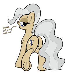 Size: 2000x2000 | Tagged: safe, artist:dafiltafish, imported from derpibooru, mayor mare, earth pony, pony, butt, female, frog (hoof), looking at you, looking back, looking back at you, mare, plot, raised hoof, simple background, solo, text, underhoof, white background
