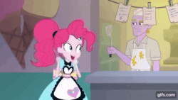 Size: 640x360 | Tagged: safe, imported from derpibooru, screencap, pinkie pie, coinky-dink world, eqg summertime shorts, equestria girls, animated, background human, cook, cute, dancing, diapinkes, duo, eyes closed, female, gif, gifs.com, greasy joe, male, open mouth, open smile, ponk, smiling, spatula, unnamed character, unnamed human