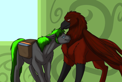 Size: 1000x677 | Tagged: safe, artist:foxenawolf, imported from derpibooru, oc, oc:free agent, oc:long path, earth pony, griffon, pony, fanfic:quantum gallop, disguise, disguised changeling, duo, eyes closed, fanfic art, glasses, male, stallion