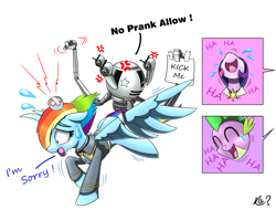 Size: 1955x1482 | Tagged: safe, artist:questionmarkdragon, imported from derpibooru, rainbow dash, spike, twilight sparkle, dragon, pegasus, pony, robot, unicorn, fallout equestria, cross-popping veins, fallout, female, grammar error, kick me, laughing, male, mare, ministry mares, mister handy, offscreen character, sign, simple background, spread wings, unicorn twilight, white background, wings