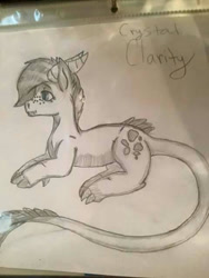 Size: 480x640 | Tagged: safe, artist:shouka2016, imported from derpibooru, oc, oc:crystal clarity, dracony, hybrid, kilalaverse, female, interspecies offspring, offspring, parent:rarity, parent:spike, parents:sparity, pencil drawing, photo, solo, traditional art