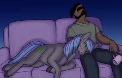 Size: 1000x636 | Tagged: safe, artist:foxenawolf, imported from derpibooru, oc, oc only, oc:caleb awad, oc:willow branch, earth pony, human, pony, fanfic:beginning anew, couch, cup, duo, fanfic art, female, male, mare, sleeping