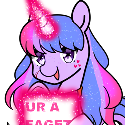 Size: 600x600 | Tagged: artist needed, source needed, safe, imported from derpibooru, oc, oc only, pony, unicorn, faggot, female, glowing, glowing horn, horn, looking at you, magic, meme, solo, telekinesis, ur a faget, vulgar