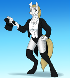 Size: 895x1000 | Tagged: safe, artist:foxenawolf, imported from derpibooru, angel bunny, oc, oc:pearl belle (goldfur), anthro, unguligrade anthro, unicorn, fanfic:beginning anew, angel bunny is not amused, blonde mane, duo, gradient background, hat, horn, magician, offspring, parent:oc:mark wells, parent:rarity, parents:canon x oc, top hat, white fur
