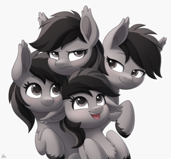Size: 2050x1900 | Tagged: safe, artist:luminousdazzle, imported from derpibooru, oc, oc only, oc:grey matter, earth pony, pony, black and white, chest fluff, clone, commission, cute, ear fluff, ear tufts, female, floppy ears, grayscale, grumpy, long ears, looking at each other, looking at someone, mare, monochrome, multeity, open mouth, self paradox, self ponidox, simple background, smiling, smug, unshorn fetlocks, white background