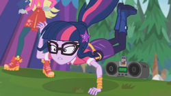 Size: 1920x1080 | Tagged: safe, imported from derpibooru, screencap, derpy hooves, sci-twi, twilight sparkle, equestria girls, equestria girls series, the road less scheduled, spoiler:choose your own ending (season 2), spoiler:eqg series (season 2), animation error, boombox, boots, clothes, female, geode of telekinesis, glasses, magical geodes, music festival outfit, outdoors, pantyhose, ponytail, shoes, skirt