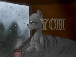 Size: 1600x1200 | Tagged: safe, artist:kaikururu, imported from derpibooru, oc, oc only, earth pony, pony, bald, commission, earth pony oc, eyelashes, indoors, lying down, mug, prone, rain, smiling, window, your character here