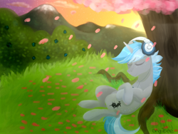 Size: 1600x1200 | Tagged: safe, artist:kaikururu, imported from derpibooru, oc, oc only, pony, unicorn, headphones, horn, male, mountain, outdoors, petals, sleeping, stallion, unicorn oc