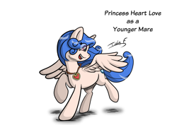Size: 3508x2481 | Tagged: safe, artist:memprices, imported from derpibooru, oc, oc only, oc:heart love, oc:princess heart love, alicorn, pony, eye clipping through hair, female, high res, looking back, mare, open mouth, open smile, original character do not steal, playful, raised hoof, running, simple background, smiling, spread wings, white background, wings