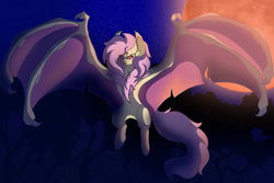 Size: 1024x683 | Tagged: safe, artist:brybrychan, imported from derpibooru, fluttershy, bat pony, pony, bat ponified, female, flutterbat, flying, full moon, mare, moon, night, outdoors, race swap, solo, spread wings, wing arms, wings