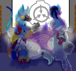 Size: 1280x1205 | Tagged: safe, artist:brybrychan, imported from derpibooru, oc, oc only, alicorn, anthro, cyborg, pony, wolf, alicorn oc, anthro with ponies, clothes, crossed arms, eye scar, furry, furry oc, horn, protogen, scar, scp, scp foundation, wings