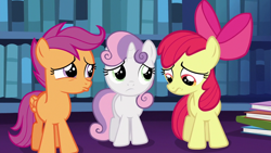 Size: 1280x720 | Tagged: safe, imported from derpibooru, screencap, apple bloom, scootaloo, sweetie belle, earth pony, pegasus, pony, unicorn, season 6, the fault in our cutie marks, apple bloom's bow, bow, cutie mark crusaders, female, filly, foal, hair bow, pouting, sad