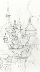 Size: 1086x1946 | Tagged: safe, artist:davedunnet, imported from derpibooru, the art of equestria, canterlot castle, concept art, monochrome, official, pencil drawing, sketch, traditional art