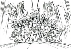 Size: 1976x1380 | Tagged: artist needed, safe, imported from derpibooru, fili-second, humdrum, masked matter-horn, mistress marevelous, radiance, saddle rager, spike, zapp, dragon, pony, the art of equestria, concept art, monochrome, official, pencil drawing, power ponies, traditional art