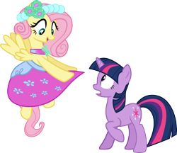 Size: 3473x3000 | Tagged: safe, artist:cloudy glow, imported from derpibooru, fluttershy, twilight sparkle, pegasus, pony, unicorn, a canterlot wedding, .ai available, alternate hairstyle, clothes, dress, duo, duo female, female, flying, full body, high res, hooves, horn, looking at someone, looking down, mare, multicolored mane, multicolored tail, open mouth, open smile, raised hoof, simple background, smiling, spread wings, standing, surprised, tail, transparent background, unicorn twilight, vector, wedding dress, wings