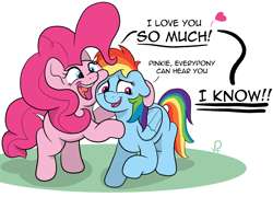 Size: 2330x1674 | Tagged: safe, artist:doodledonutart, imported from derpibooru, pinkie pie, rainbow dash, earth pony, pegasus, pony, blue eyes, comic, dialogue, duo, duo female, female, floating heart, floppy ears, folded wings, heart, hooves, hug, mare, open mouth, open smile, pink mane, pink tail, raised hoof, shadow, simple background, smiling, standing, tail, white background, wings