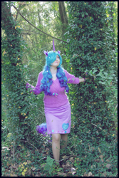 Size: 3456x5184 | Tagged: safe, artist:krazykari, imported from derpibooru, izzy moonbow, human, absurd file size, clothes, cosplay, costume, g5, horn, irl, irl human, leaf, my little pony: a new generation, nature, photo, skirt, solo, sweater, tree