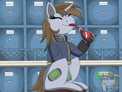 Size: 1600x1200 | Tagged: safe, artist:gray star, imported from derpibooru, oc, oc:littlepip, pony, unicorn, fallout equestria, clothes, commission, drinking, happy, jumpsuit, pipbuck, sitting, sparkle cola, vault suit