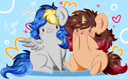 Size: 2058x1280 | Tagged: safe, artist:woonborg, imported from derpibooru, oc, oc:bluecode, oc:woonie, pegasus, pony, unicorn, anniversary, chibi, heart, love, potato pony, relationship