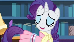 Size: 1920x1080 | Tagged: safe, imported from derpibooru, screencap, rarity, the end in friend, book, bookshelf, clothed ponies, clothes, female, indoors, mare, neckerchief, quill, scroll, solo, stool