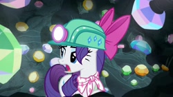 Size: 1920x1080 | Tagged: safe, imported from derpibooru, screencap, rarity, the end in friend, bow, cave, eyelashes, female, gem, gem cave, gemstones, hair bow, headlamp, helmet, mare, missing horn, neckerchief, solo, underground