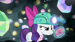 Size: 1920x1080 | Tagged: safe, imported from derpibooru, screencap, rarity, the end in friend, bow, cave, eyelashes, female, gem, gem cave, gemstones, hair bow, headlamp, helmet, mare, missing horn, neckerchief, solo, underground